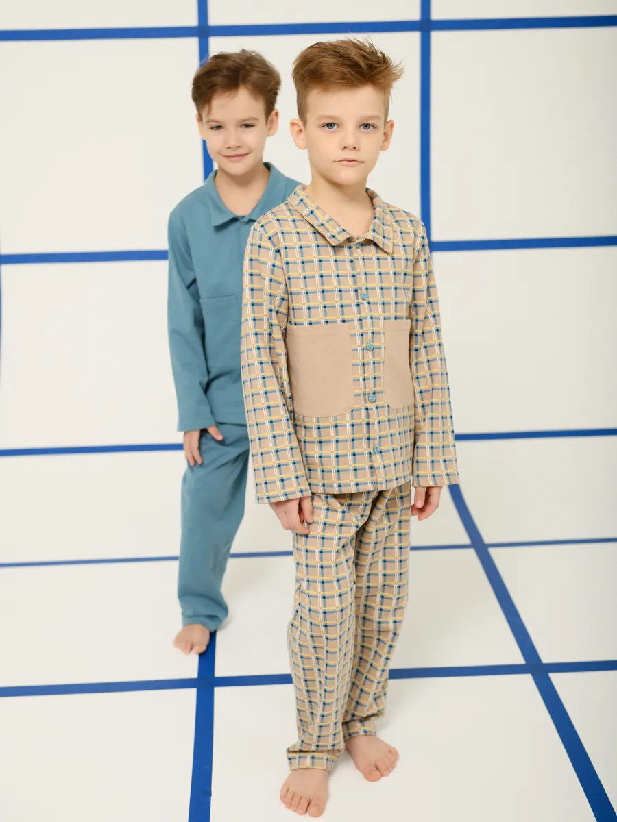 Пижама для мальчика (128/34, беж/клетка)