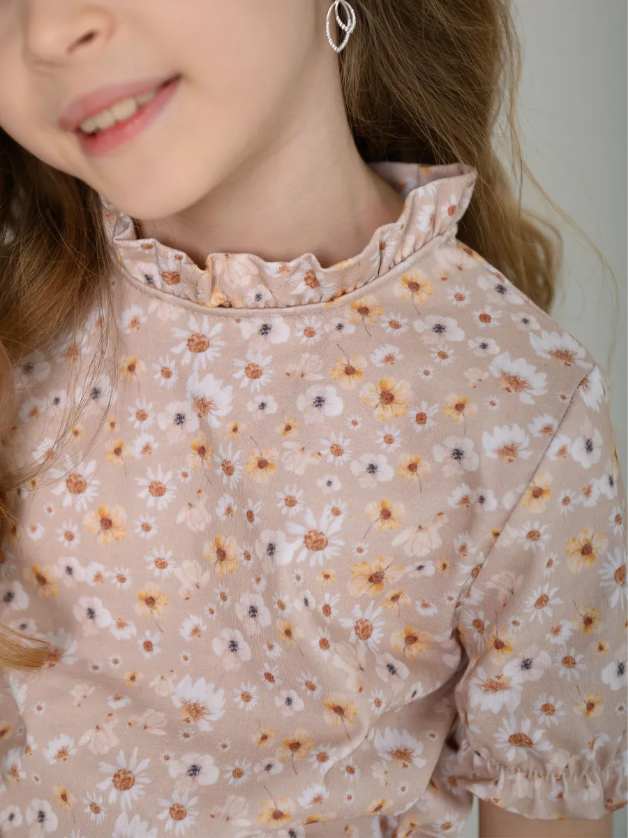 Футболка для девочки (128/34, желтый/цветы)