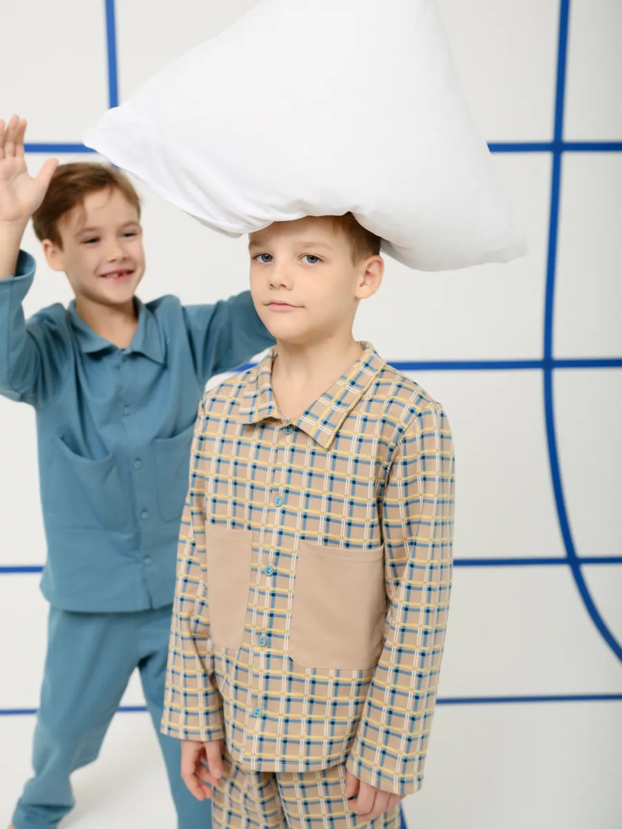 Пижама для мальчика (128/34, беж/клетка)
