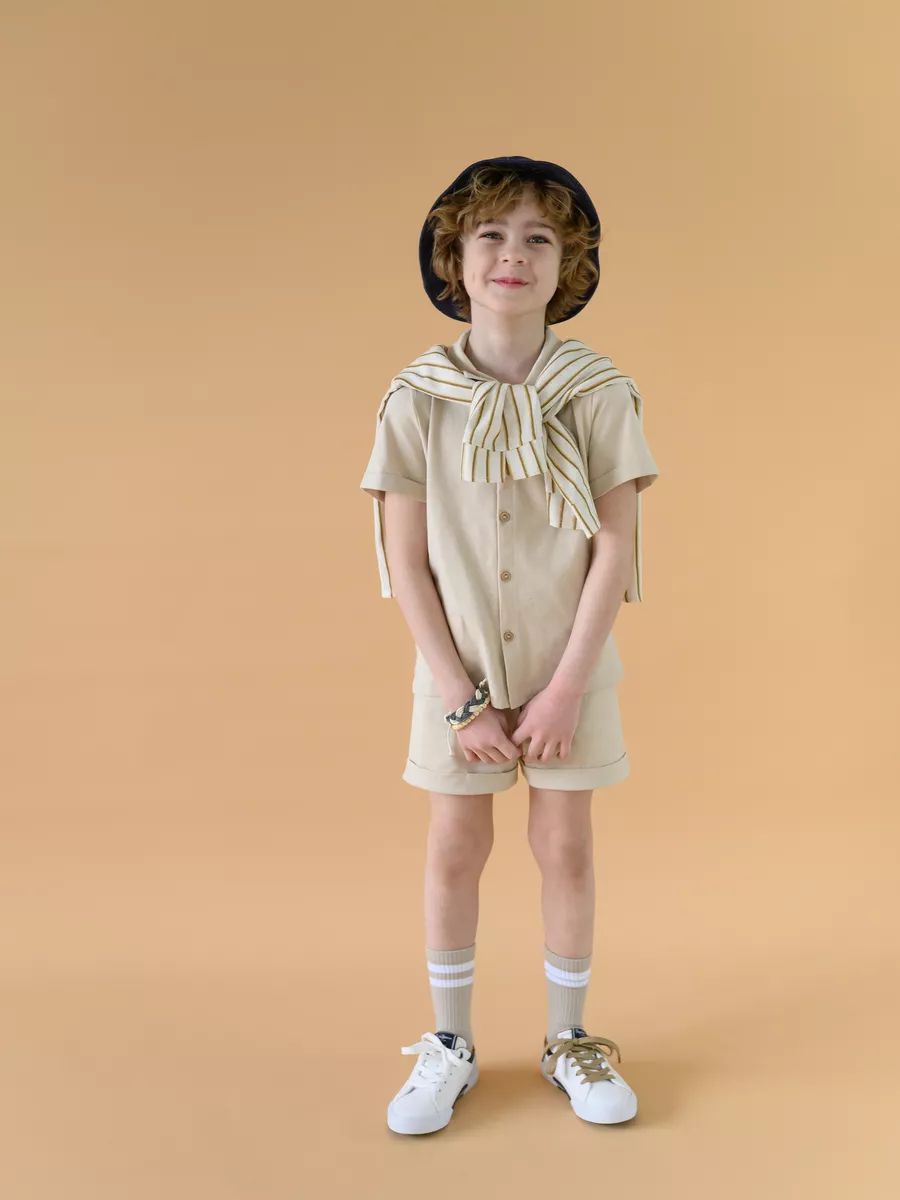 Костюм для мальчика шорты+рубашка (128/34, песочный)
