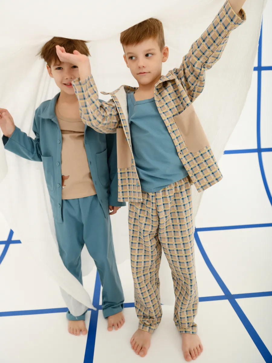 Пижама для мальчика (128/34, беж/клетка)