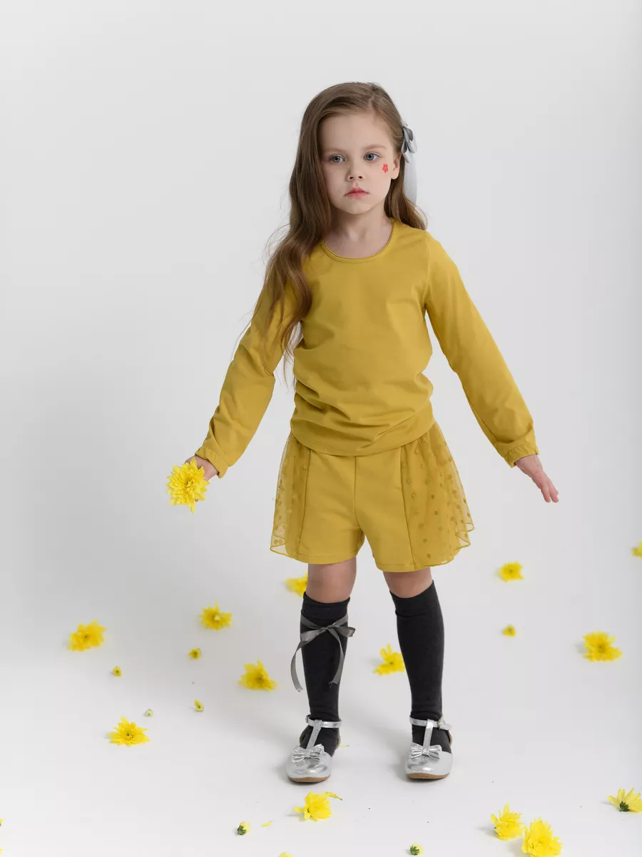 Футболка с длинным рукавом (116/32, желт/цветы)