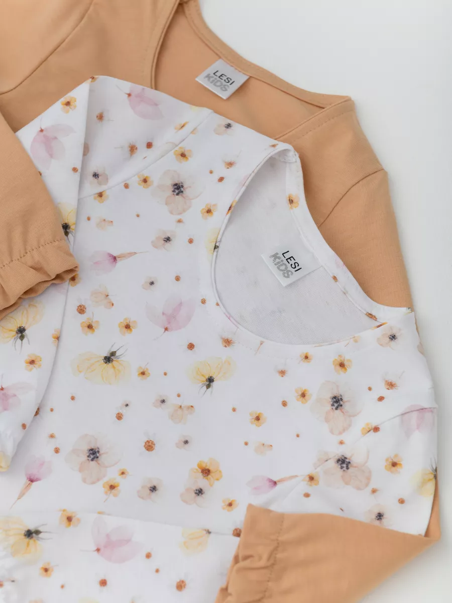 Футболка с длинным рукавом (116/32, персик/цветы)