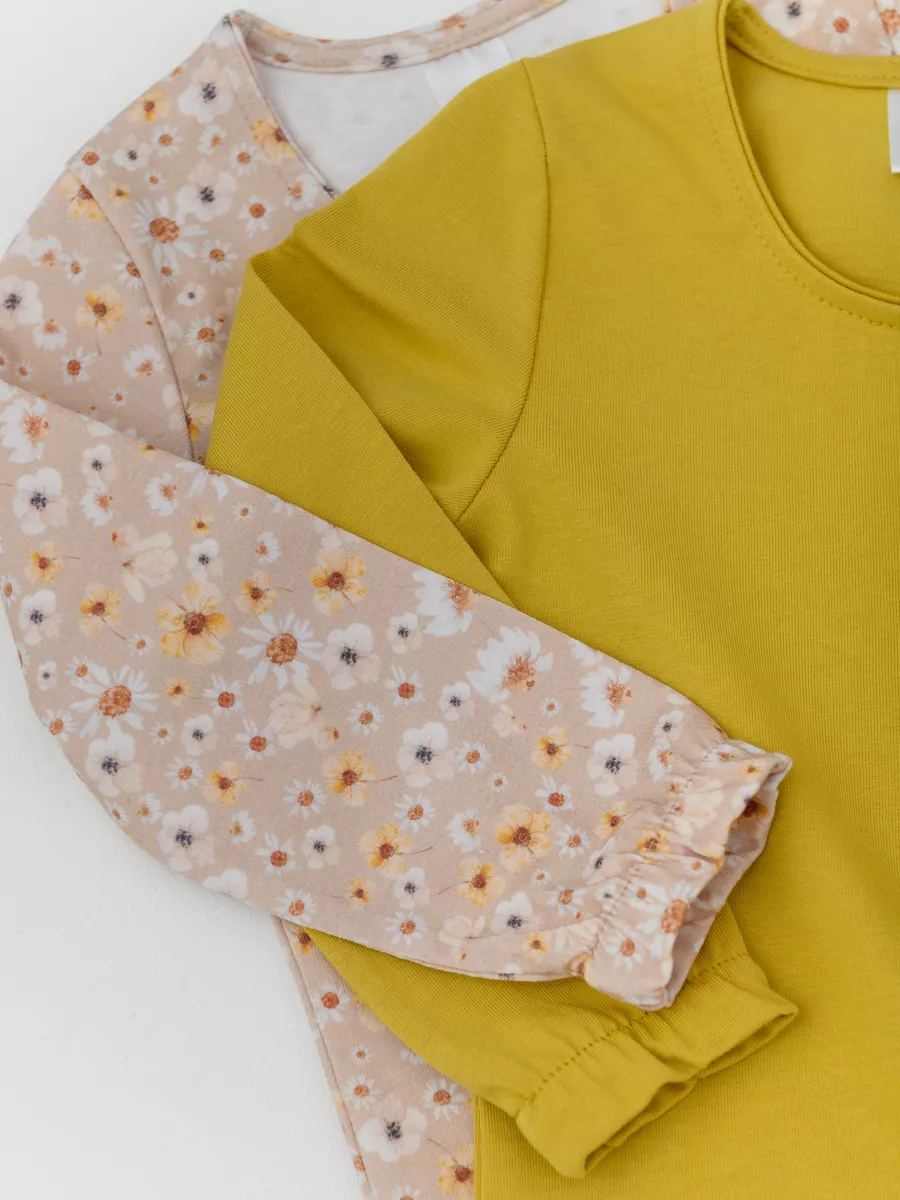 Футболка с длинным рукавом (116/32, желт/цветы)