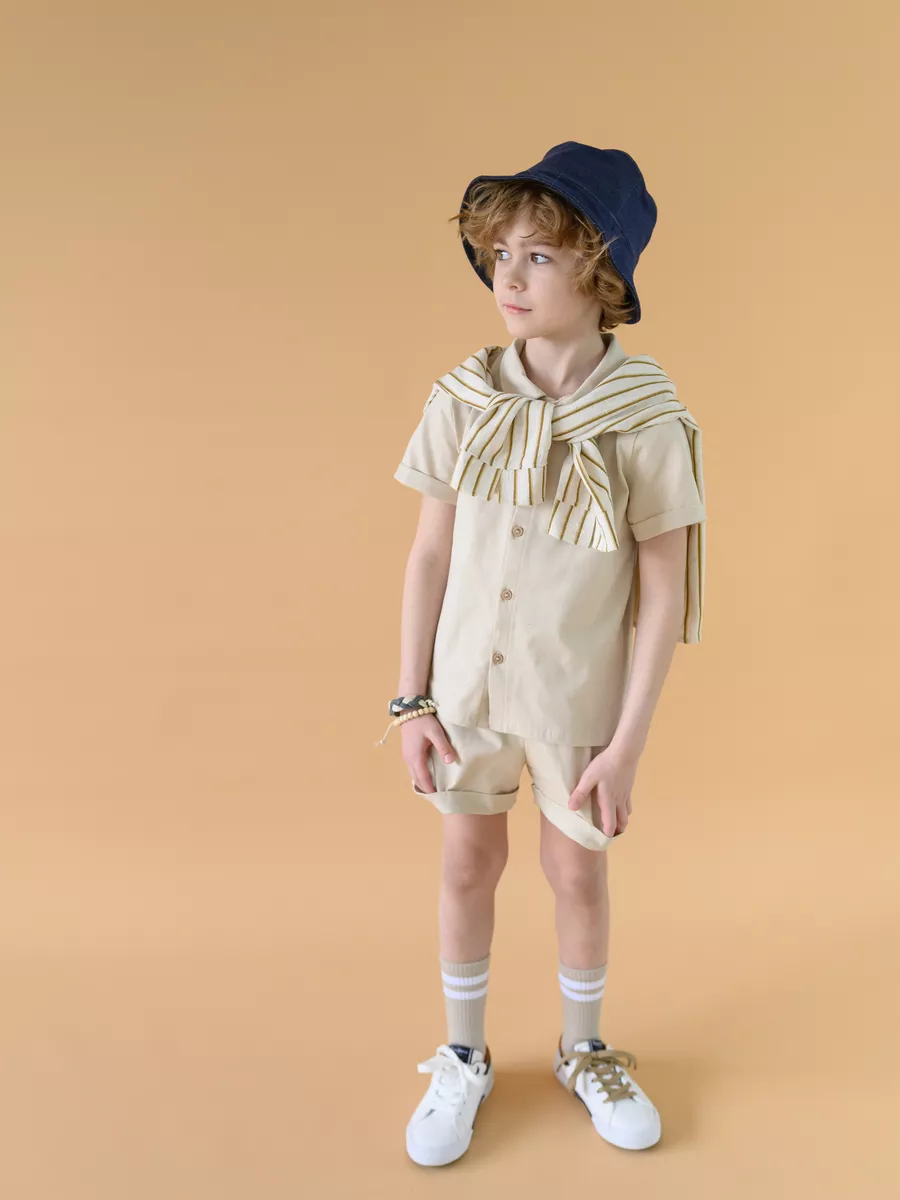 Костюм для мальчика шорты+рубашка (128/34, песочный)