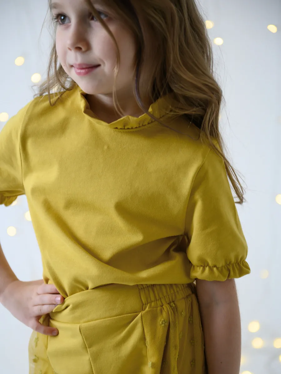 Футболка для девочки (128/34, желтый/цветы)