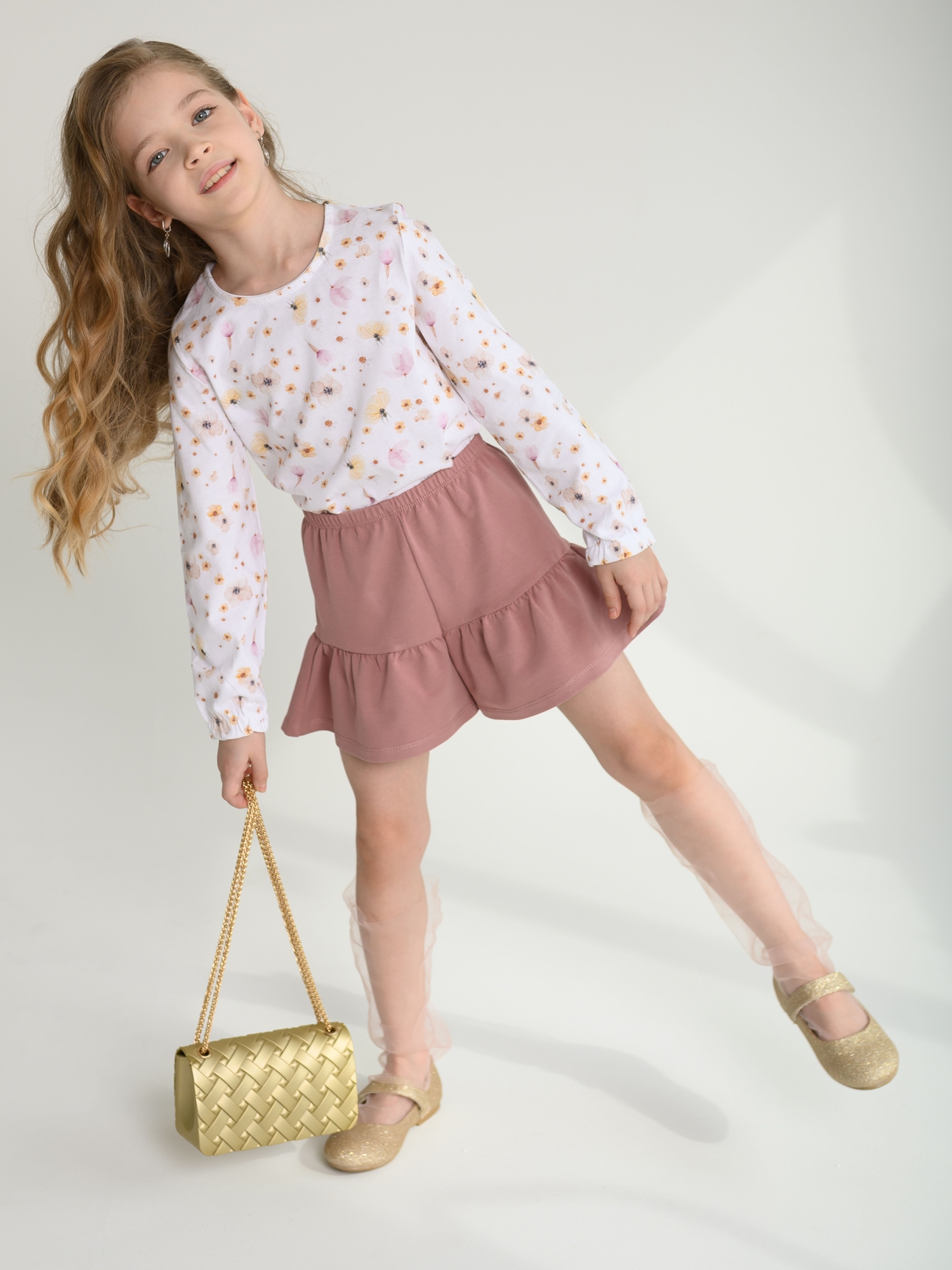 Футболка с длинным рукавом (116/32, персик/цветы)