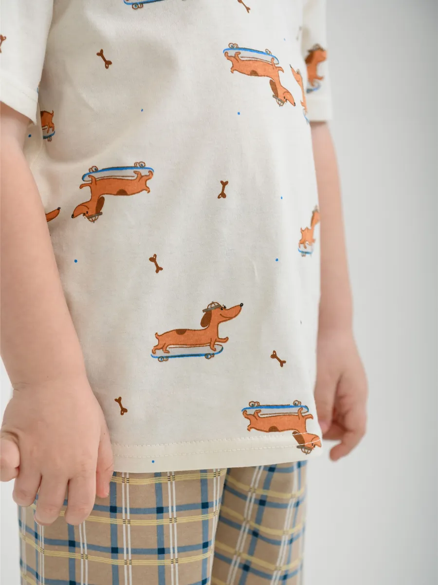 Пижама для мальчика с шортами (104/30, беж/клетка)