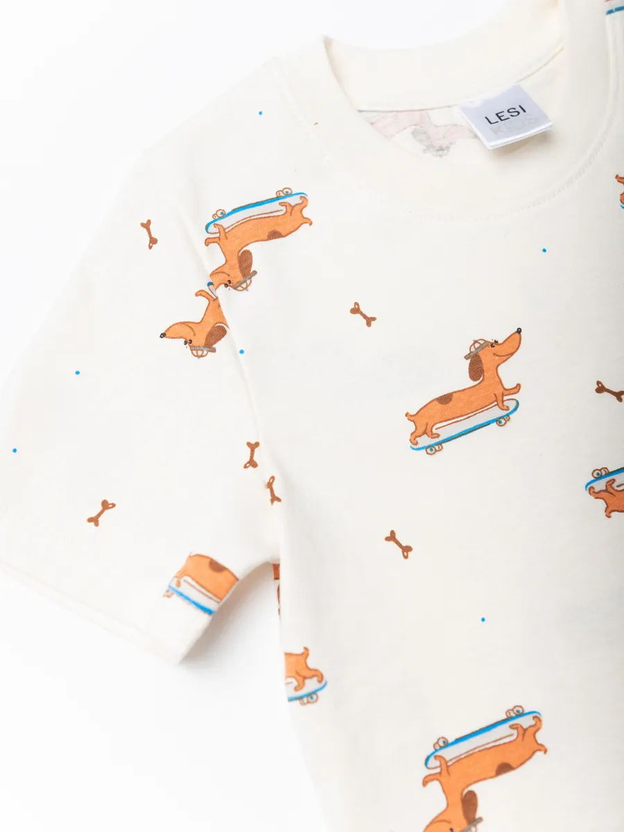 Пижама для мальчика с шортами (104/30, беж/клетка)