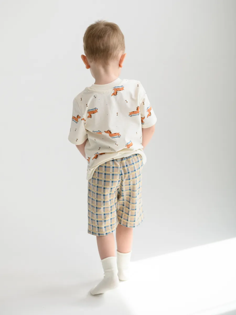 Пижама для мальчика с шортами (104/30, беж/клетка)