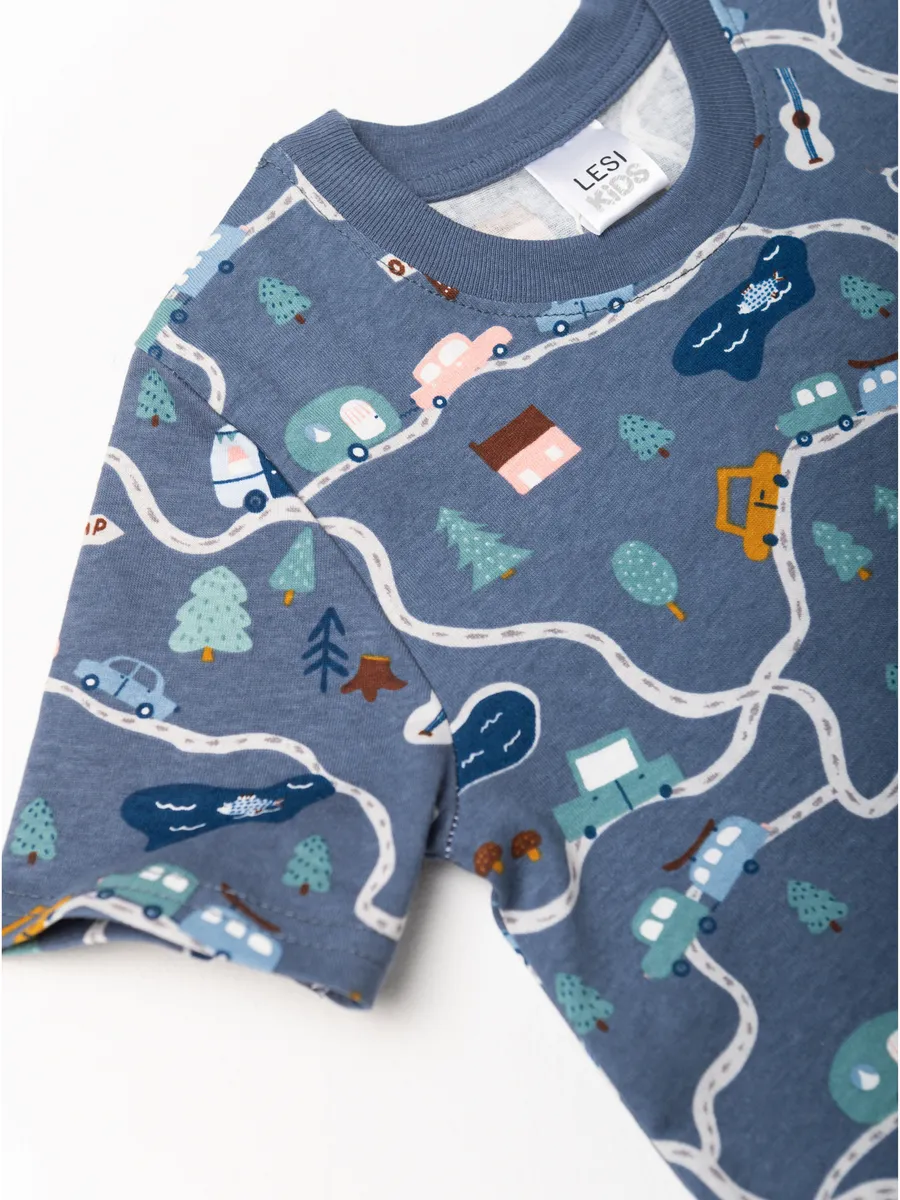 Пижама для мальчика с шортами (104/30, синий/дороги)