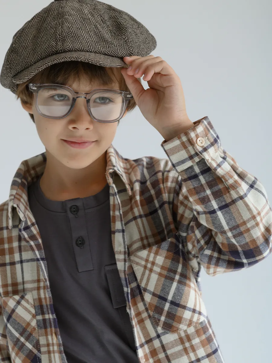 Рубашка для мальчика оверсайз (104/30, беж/клетка)