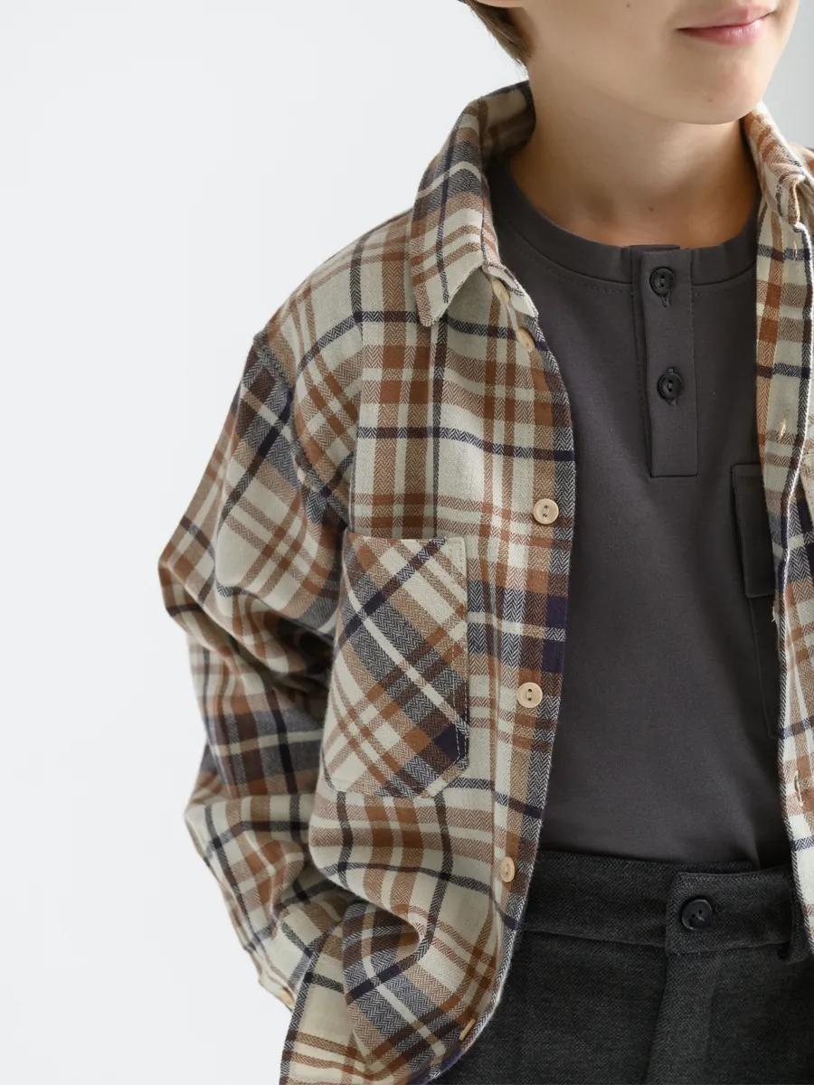 Рубашка для мальчика оверсайз (104/30, беж/клетка)