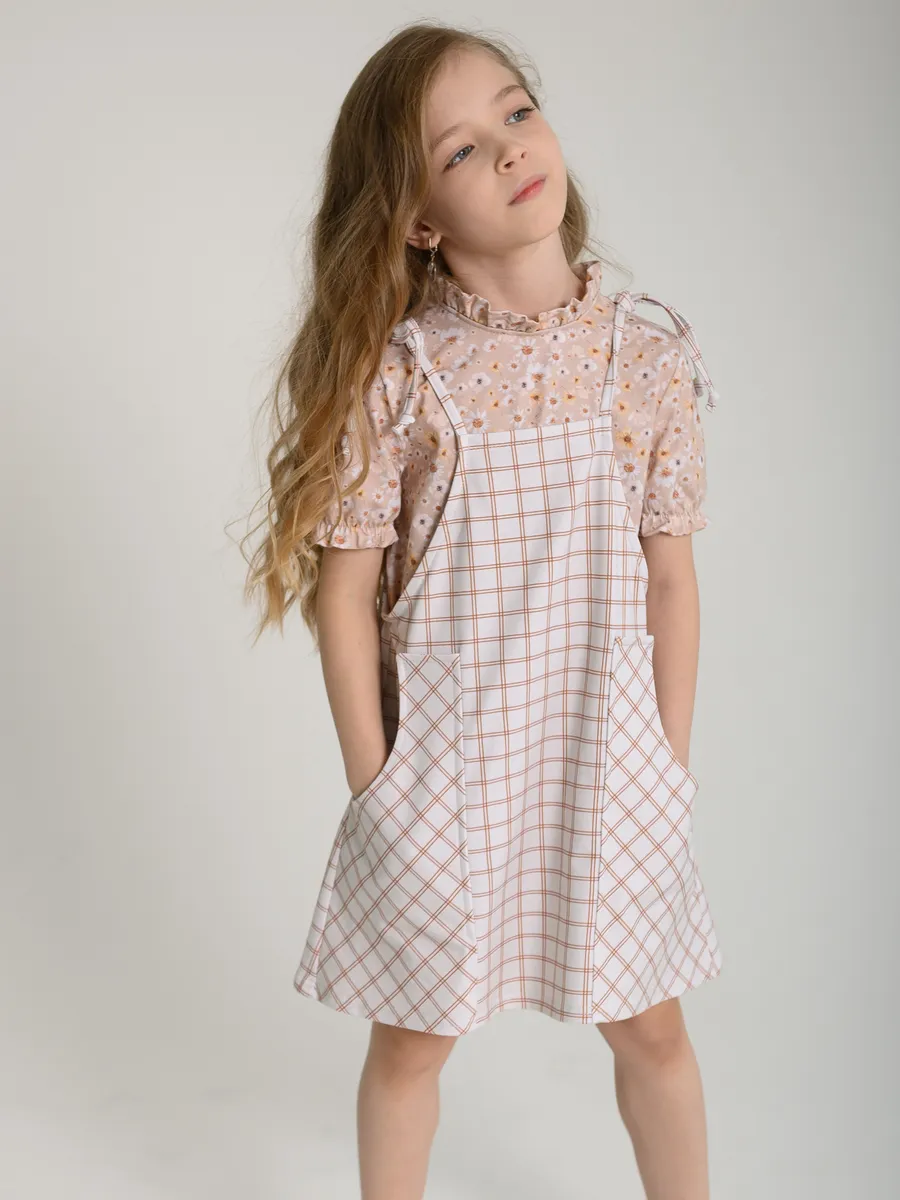 Сарафан для девочки (98/28, беж/клетка)