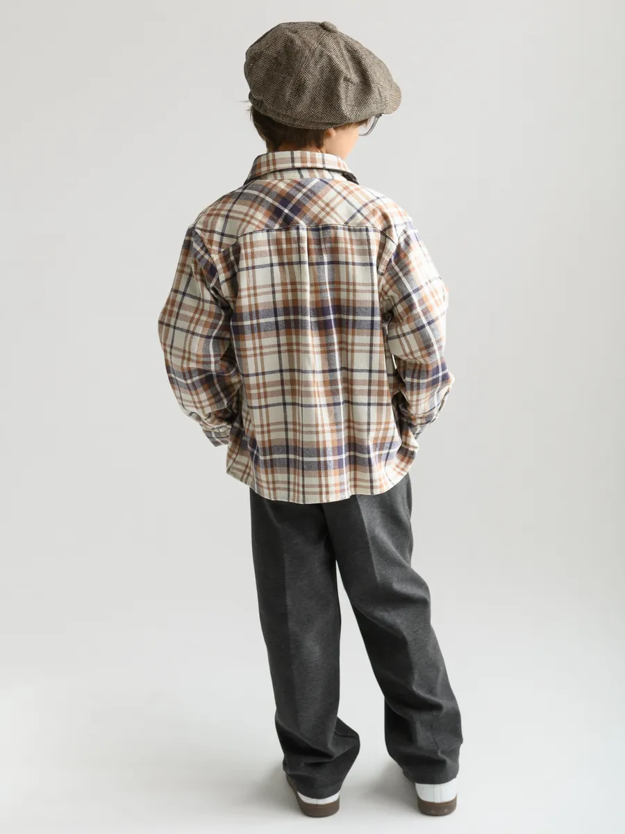 Рубашка для мальчика оверсайз (104/30, беж/клетка)