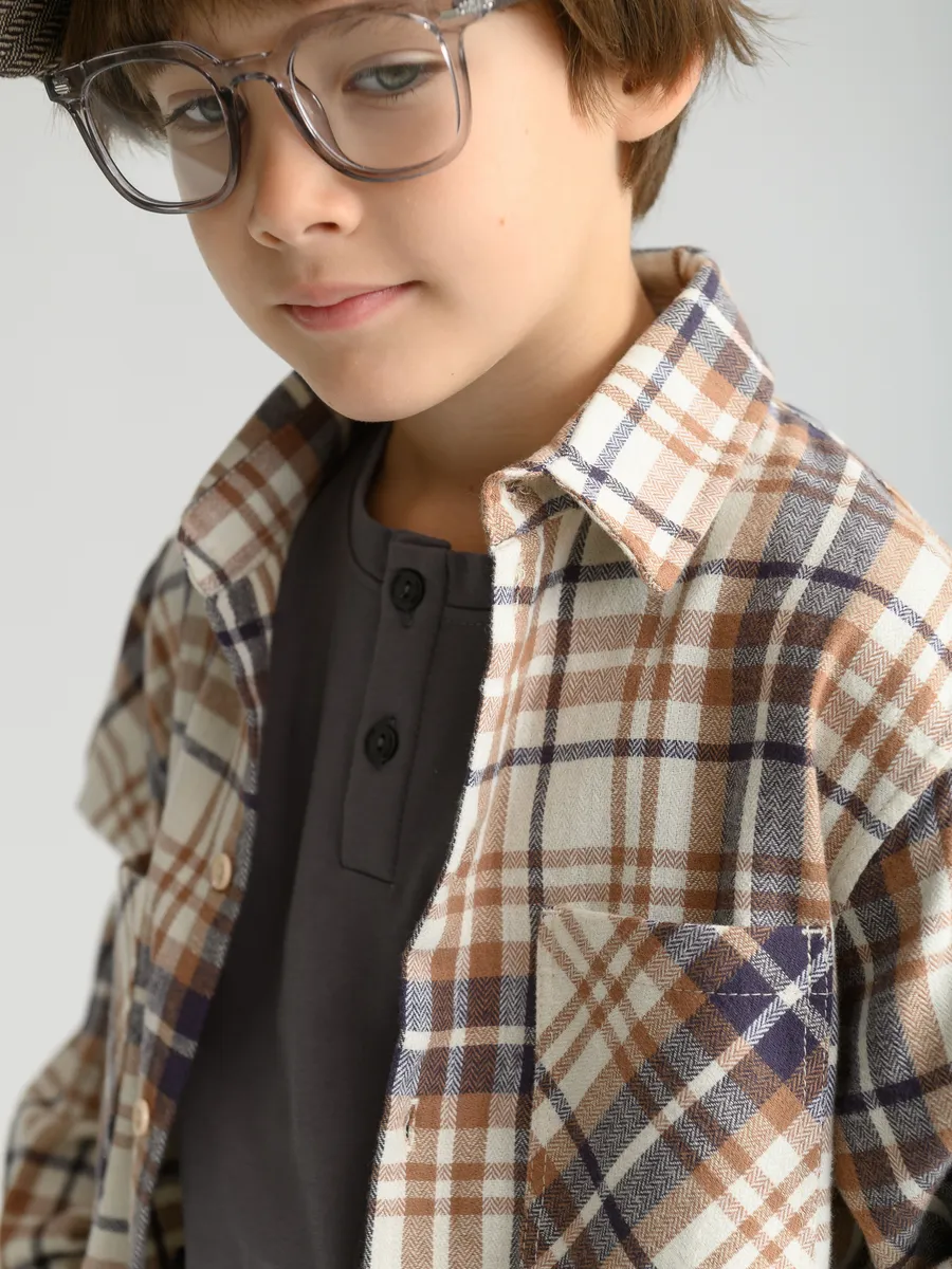 Рубашка для мальчика оверсайз (104/30, беж/клетка)