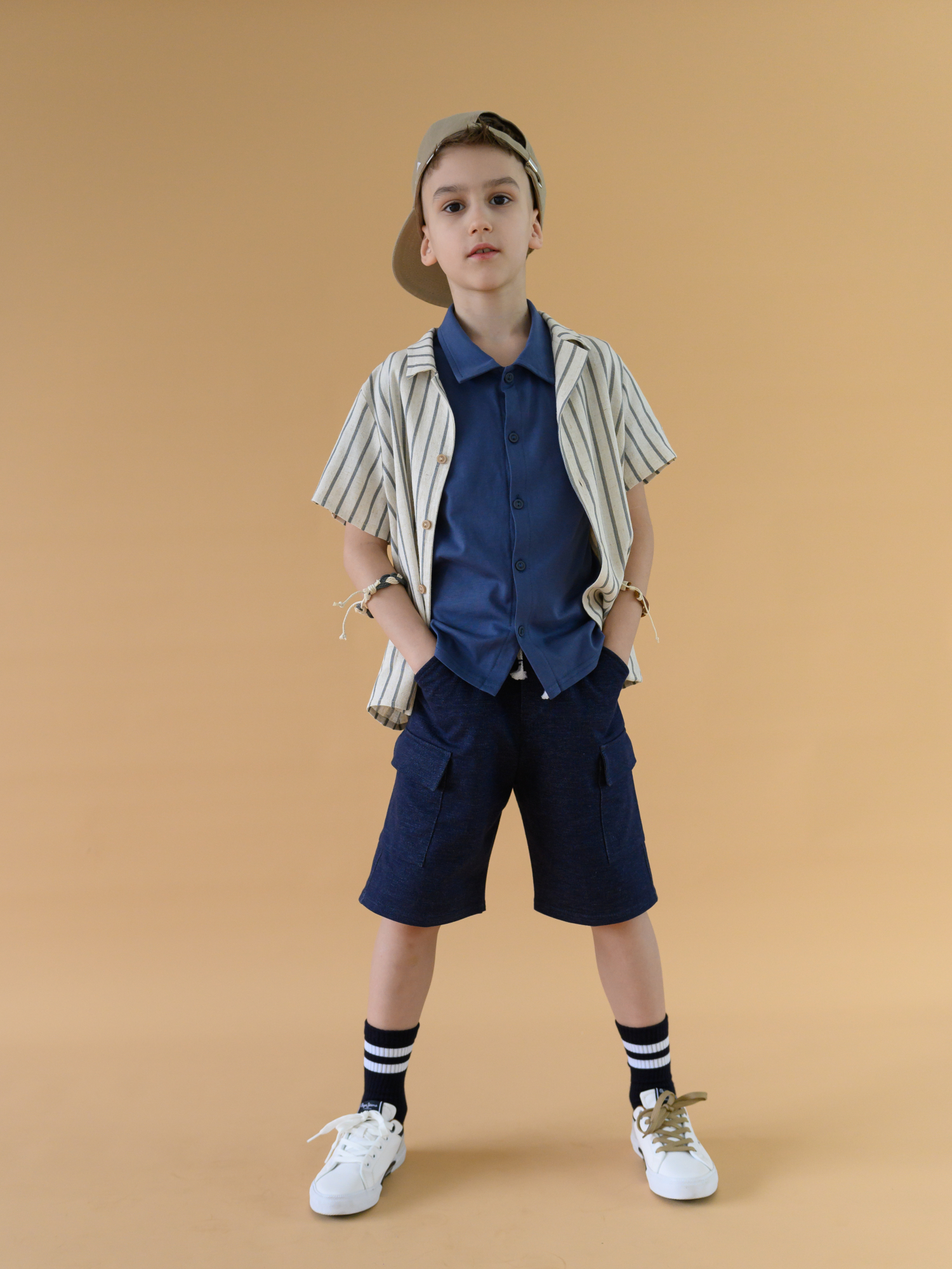 Рубашка для мальчика с коротким рукавом (98/28, синий/беж)